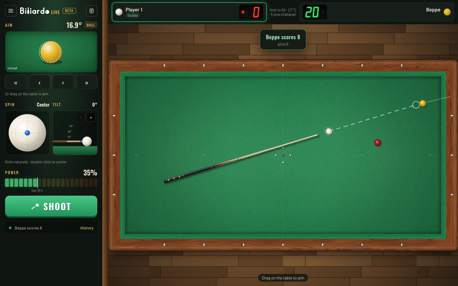 A five pins match in Biliardo Live: the green table with the pins in the middle, the cue ready to shoot and the scoreboard